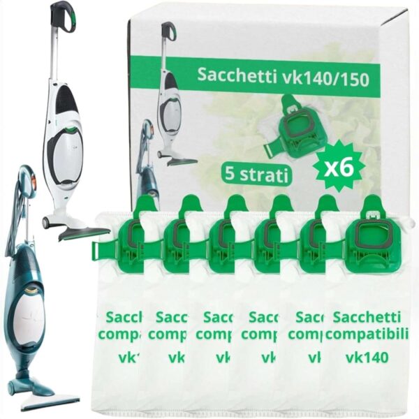 Sacchetti Compatibili per Folletto VK140 e VK150 – Confezione da 6, Microfibra Resistente, Antibatterici, Alta Filtrazione, Ricambi per Aspirapolvere Vorwerk - immagine 1
