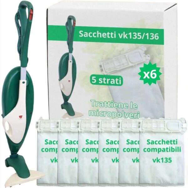 Sacchetti Compatibili per Folletto VK135/136, 6 Pezzi, 5 Strati in Microfibra, Alta Filtrazione, Trattiene le Micropolveri - immagine 1
