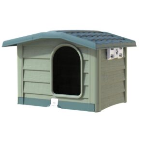 Cuccia per cani da esterno Bama Bungalow verde 89x75x62 cm in resina, ventilata e robusta, con tetto rimovibile e pavimento rialzato.
