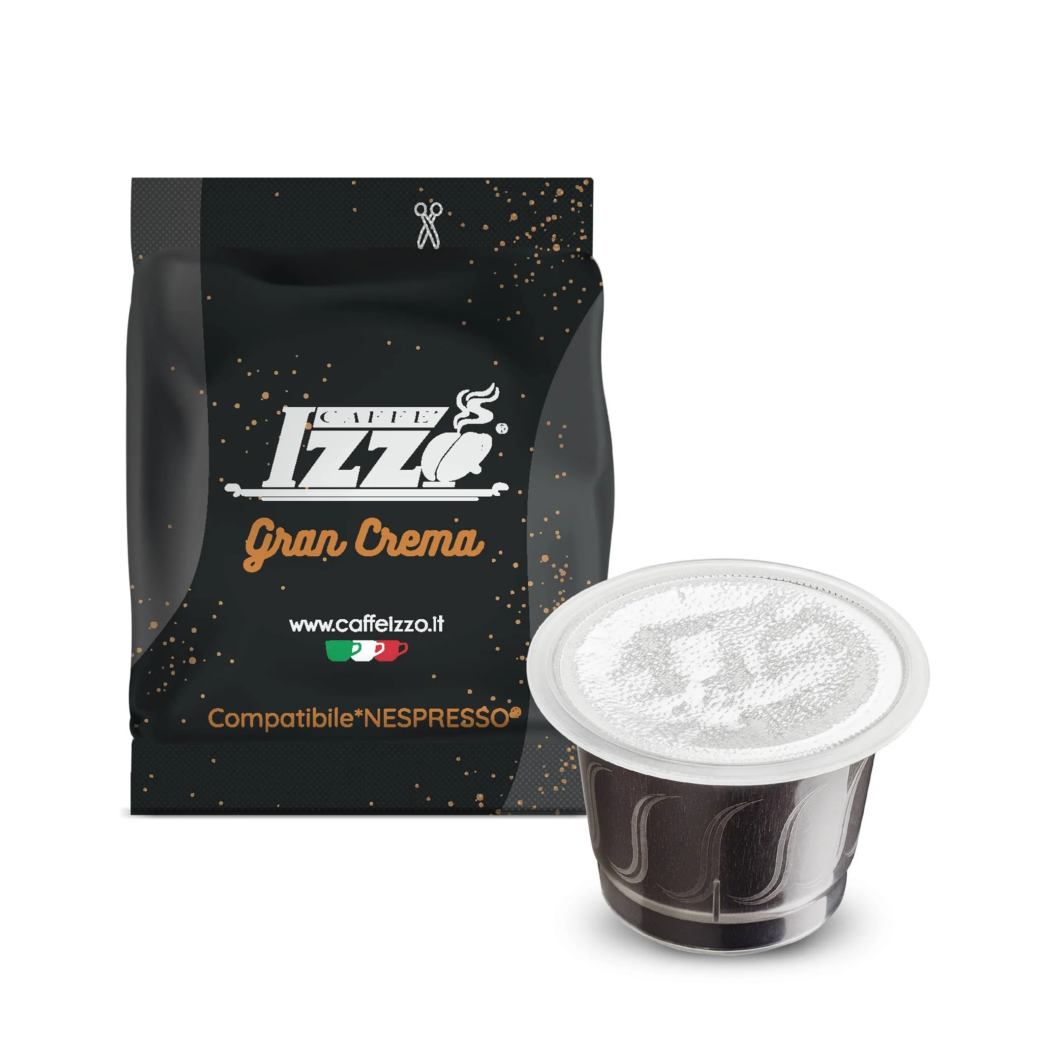 Capsule Caffè Izzo Gran Crema compatibili Nespresso®, miscela intensa da 5,2 g con crema ricca e gusto pieno. Capsule Caffè Izzo Gran Crema compatibili Nespresso®, miscela intensa da 5,2 g con crema ricca e gusto pieno.