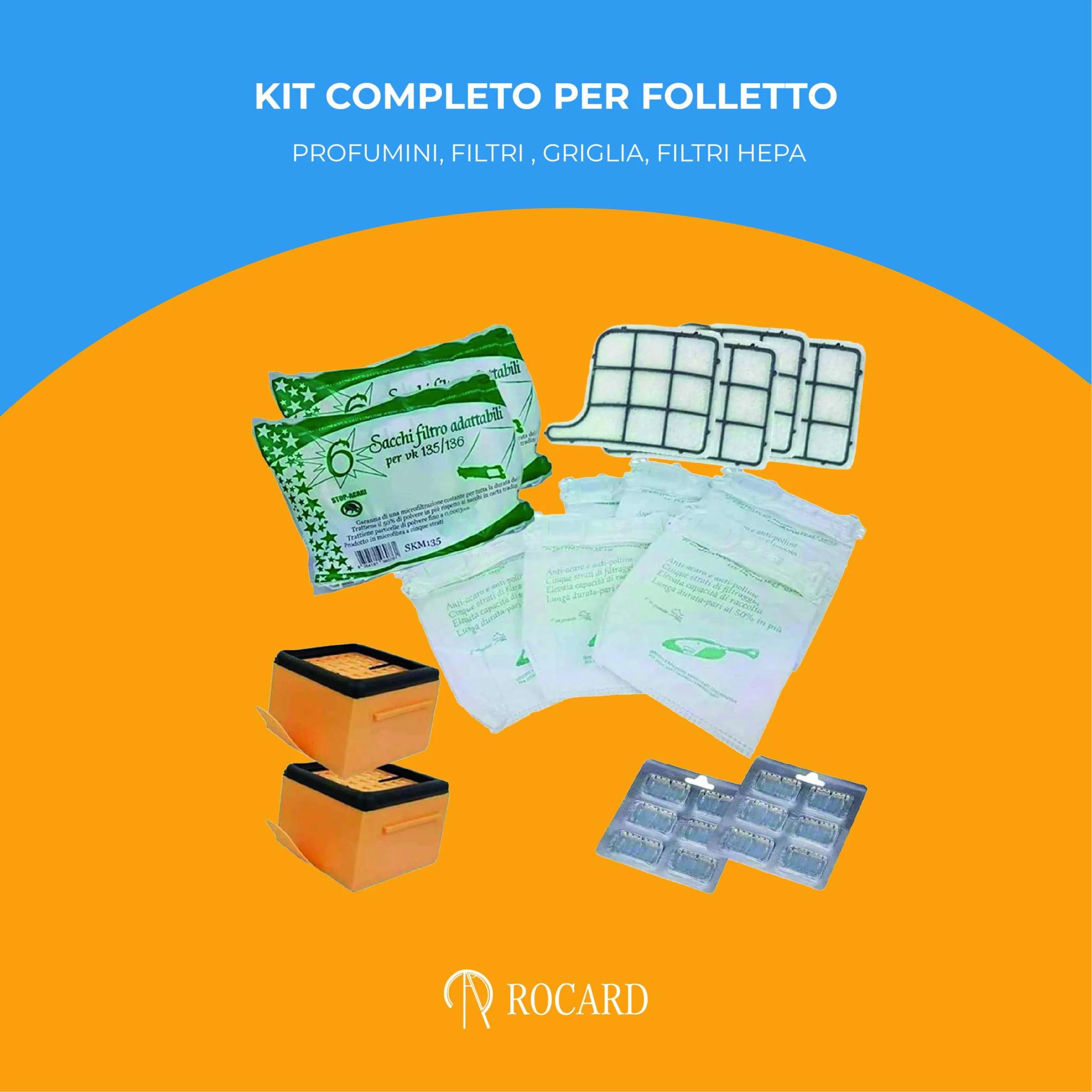 Kit Completo per Folletto VK135 VK136, 30 Pezzi con 12 Sacchetti, 12 Profumini, 4 Filtri Griglia, 2 HEPA, Verde e Bianco, Ricambi Compatibili in Microfibra - immagine 1