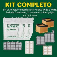 Kit Completo per Folletto VK135 VK136, 30 Pezzi con 12 Sacchetti, 12 Profumini, 4 Filtri Griglia, 2 HEPA, Verde e Bianco, Ricambi Compatibili in Microfibra - immagine 2