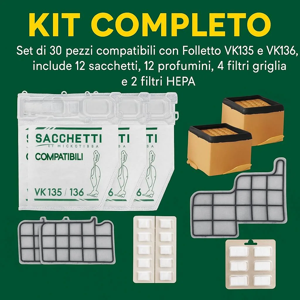 Kit Completo Folletto VK135 VK136 30 Pezzi con 12 Sacchetti, 12 Profumini, 4 Filtri e 2 HEPA - immagine 2