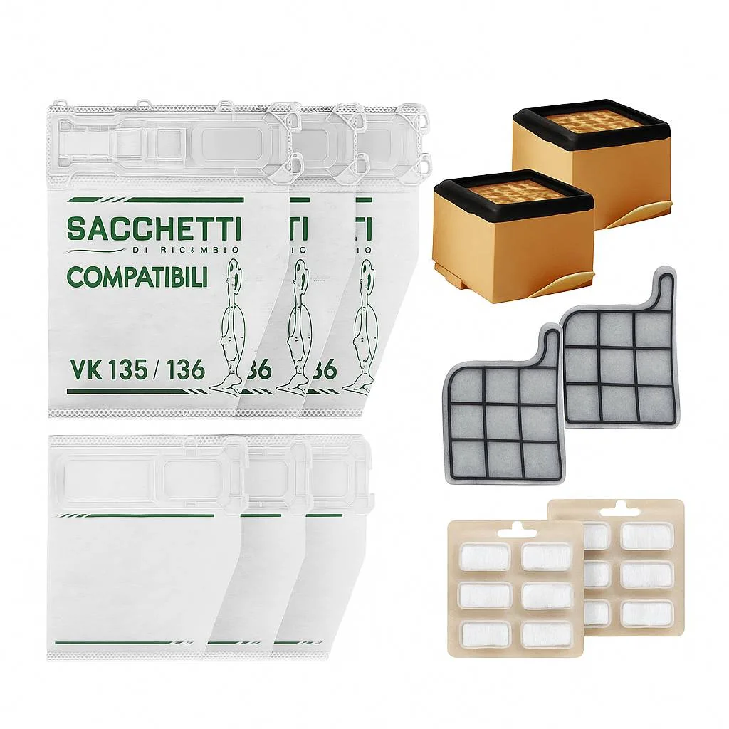 20650-jpg.webp Kit Completo per Folletto VK135 VK136, 30 Pezzi con 12 Sacchetti, 12 Profumini, 4 Filtri Griglia, 2 HEPA, Verde e Bianco, Ricambi Compatibili in Microfibra - immagine 1
