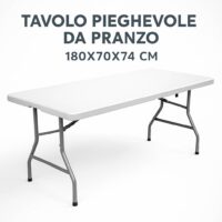 Tavolo Pieghevole da Pranzo, Bianco, 180x70x74 cm, Piano in HDPE, Salvaspazio per Cucina e Soggiorno, Portatile con Blocco di Sicurezza, per 6 Persone - immagine 2