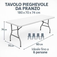 Tavolo Pieghevole da Pranzo, Bianco, 180x70x74 cm, Piano in HDPE, Salvaspazio per Cucina e Soggiorno, Portatile con Blocco di Sicurezza, per 6 Persone - immagine 3