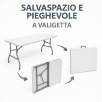 Tavolo Pieghevole da Pranzo, Bianco, 180x70x74 cm, Piano in HDPE, Salvaspazio per Cucina e Soggiorno, Portatile con Blocco di Sicurezza, per 6 Persone - immagine 4