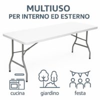 Tavolo Pieghevole da Pranzo, Bianco, 180x70x74 cm, Piano in HDPE, Salvaspazio per Cucina e Soggiorno, Portatile con Blocco di Sicurezza, per 6 Persone - immagine 7