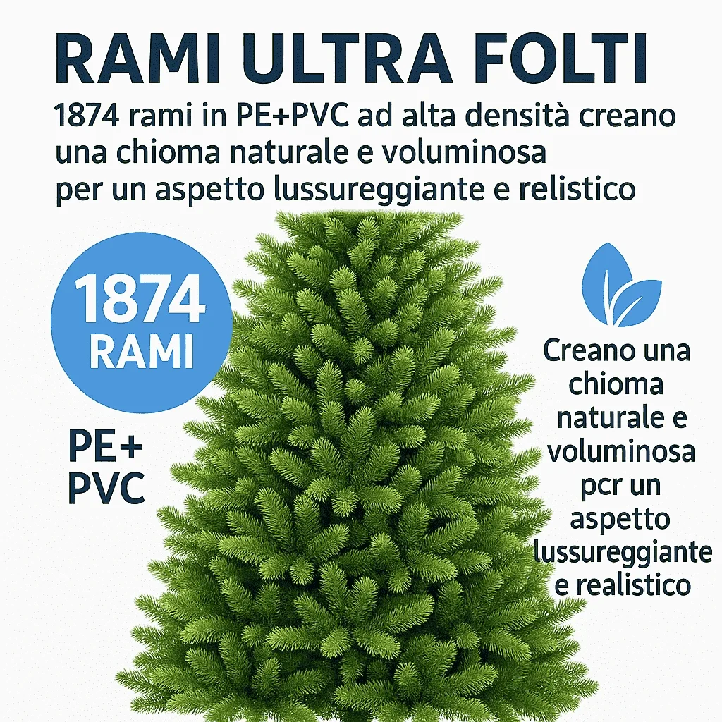Albero di Natale 210 cm Modello: Gaetano – 1874 Rami Ultra Realistici, Montaggio ad Ombrello, Ø137 cm – Alta Qualità & Magia Natalizia - immagine 7