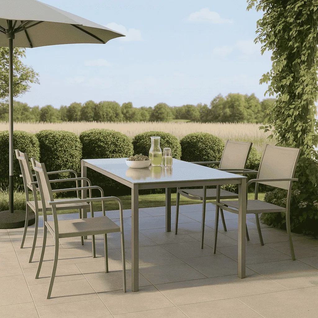Tavolo da Giardino WENDY 150x80 cm in Ferro Sabbia con Piano in Vetro Temperato Weaving Glass, Tavolo Esterno per Terrazzo e Veranda - immagine 2
