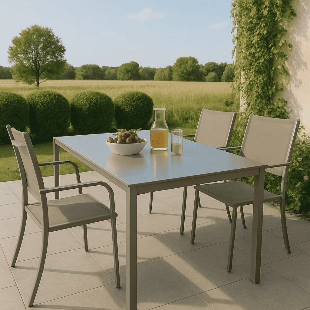 Tavolo da Giardino WENDY 150x80 cm in Ferro Sabbia con Piano in Vetro Temperato Weaving Glass, Tavolo Esterno per Terrazzo e Veranda - immagine 4
