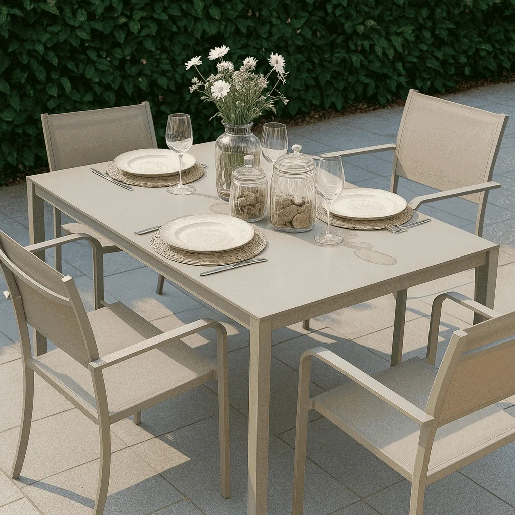 Tavolo da Giardino WENDY 150x80 cm in Ferro Sabbia con Piano in Vetro Temperato Weaving Glass, Tavolo Esterno per Terrazzo e Veranda - immagine 6