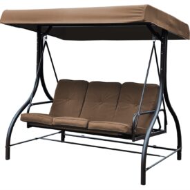 Dondolo 3 posti letto da giardino KATAY in ferro moka con tettuccio e cuscini imbottiti, visto frontalmente.