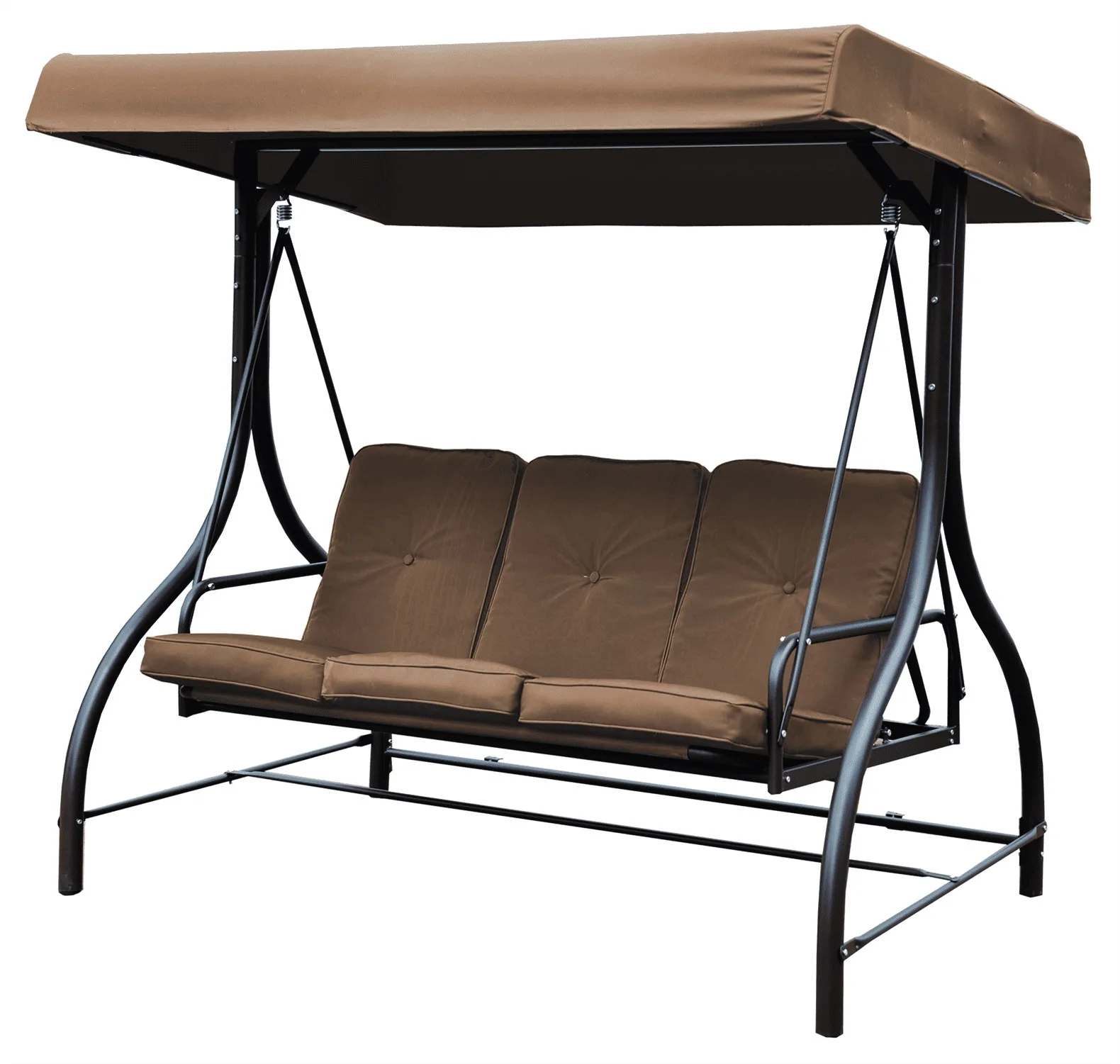 Dondolo 3 Posti Letto da Giardino KATAY in Ferro Moka – Vista Frontale Dondolo 3 posti letto da giardino KATAY in ferro moka con tettuccio e cuscini imbottiti, visto frontalmente.