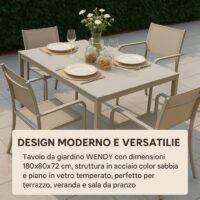 Tavolo da Giardino WENDY 150x80 cm in Ferro Sabbia con Piano in Vetro Temperato Weaving Glass, Tavolo Esterno per Terrazzo e Veranda - immagine 8