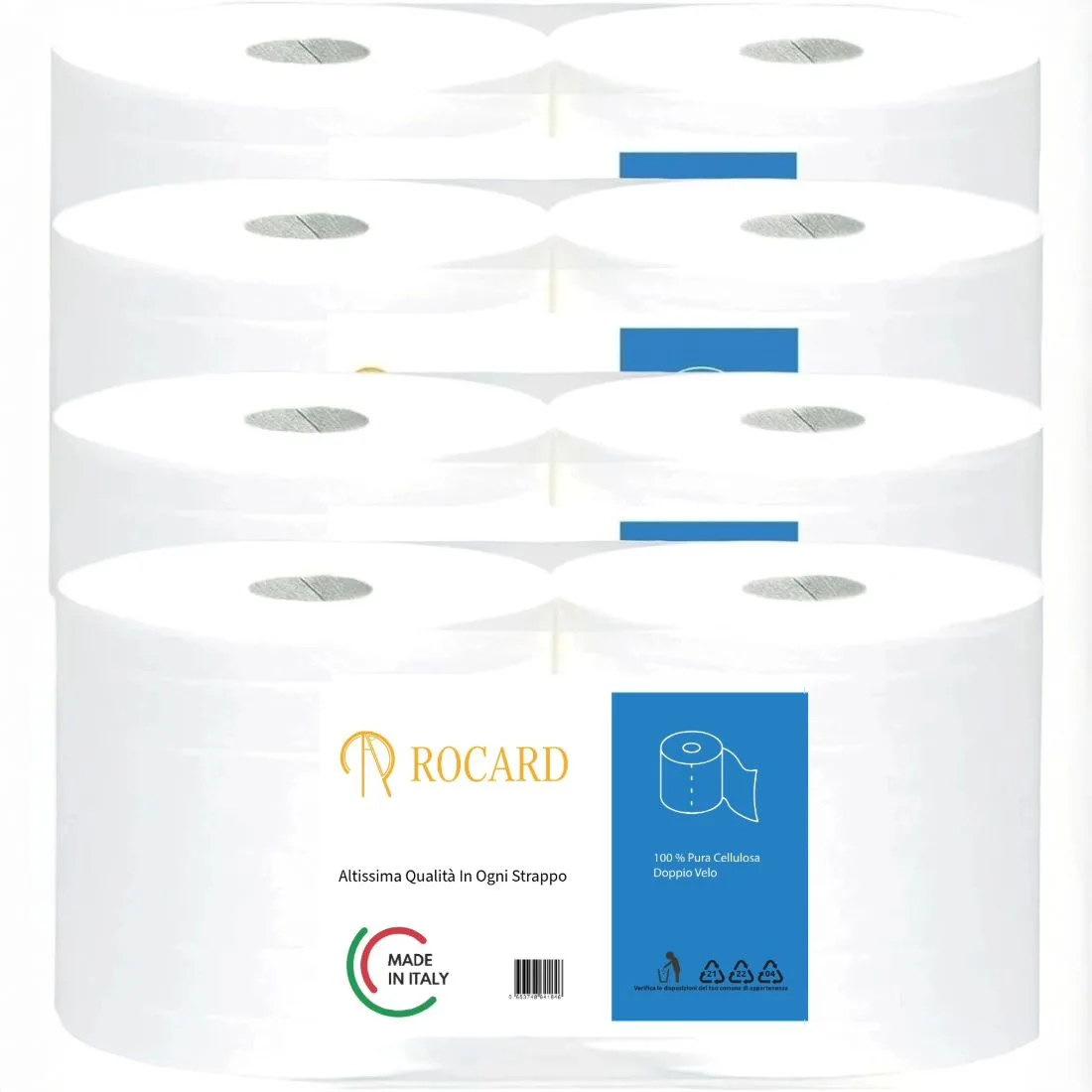 Rocard® | 8 Rotoli Carta Asciugatutto 6400 Strappi – Extra Resistente 2 Veli Pura Cellulosa con Microgoffratura – Rotoloni Uso Alimentare, Casalingo e Industriale - immagine 1