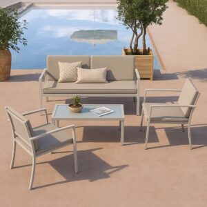 Set salotto outdoor LIFE 4 pezzi in ferro colore sabbia, composto da divano, due poltrone e tavolino con seduta in textilene.