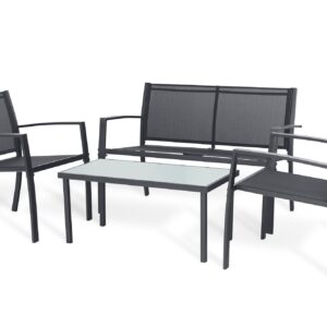 Set salotto LIFE 4 pezzi con telaio in ferro color sabbia e sedute in textilene antracite, completo di divano, 2 poltrone e tavolino.