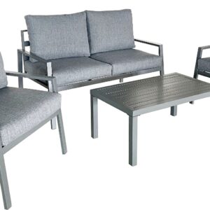 Set salotto da giardino 4 pezzi in alluminio color antracite, composto da divano, due poltrone e tavolino con cuscini grigio chiaro.