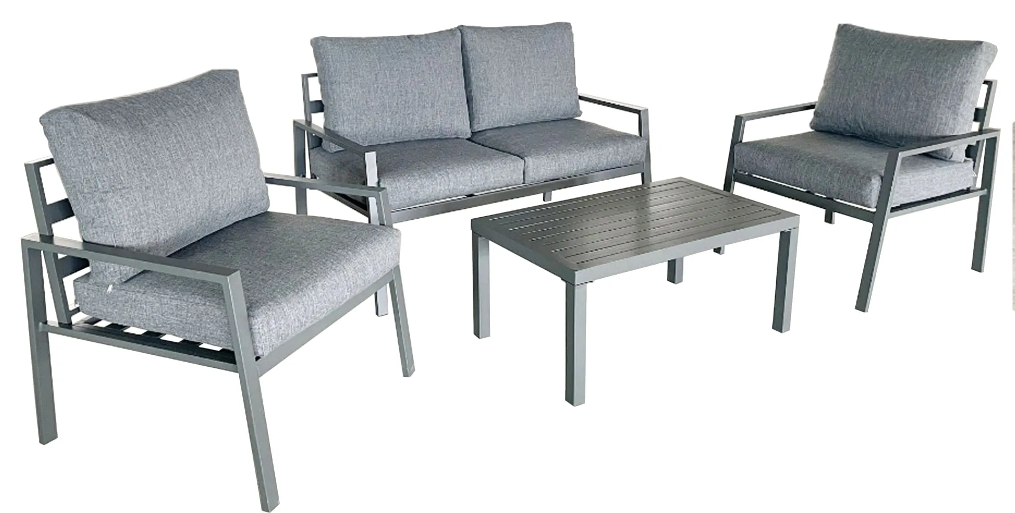 21072-jpg.webp Salotto da Giardino 4 Pezzi in Alluminio Antracite, Set con 2 Poltrone, Divano e Tavolino, Cuscini Poliestere Grigio Chiaro, Stile Moderno - immagine 1