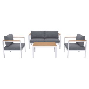 Set lounge 4 pezzi con struttura in alluminio bianco, inserti in Polywood effetto legno e cuscini grigio scuro per outdoor.