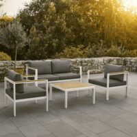 Salotto da Giardino LOUNGE 4 Pezzi in Polywood e Alluminio Bianco – Set Arredo Esterno con 2 Poltrone, Divano e Tavolino, Cuscini in Poliestere Grigio Scuro per Terrazzo e Balcone - immagine 3