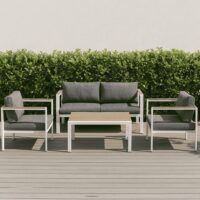 Salotto da Giardino LOUNGE 4 Pezzi in Polywood e Alluminio Bianco – Set Arredo Esterno con 2 Poltrone, Divano e Tavolino, Cuscini in Poliestere Grigio Scuro per Terrazzo e Balcone - immagine 5