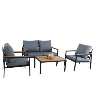 Set lounge da giardino 4 pezzi: struttura in alluminio antracite, braccioli in Polywood e cuscini grigio scuro.