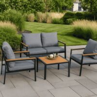 Salotto da Giardino LOUNGE 4 Pezzi in Polywood e Alluminio Antracite – Set Arredo Esterno con 2 Poltrone, Divano e Tavolino, Cuscini in Poliestere Grigio Scuro per Giardino, Terrazzo e Balcone - immagine 2