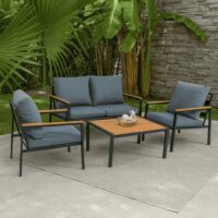 Salotto da Giardino LOUNGE 4 Pezzi in Polywood e Alluminio Antracite – Set Arredo Esterno con 2 Poltrone, Divano e Tavolino, Cuscini in Poliestere Grigio Scuro per Giardino, Terrazzo e Balcone - immagine 4