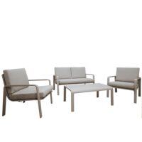 Salotto da Giardino 4 Pezzi, Struttura in Alluminio e Polywood Sabbia, Cuscini Grigio Scuro, Set Moderno con 2 Poltrone Divano e Tavolino, Resistente alle Intemperie