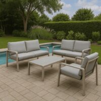 Salotto da Giardino 4 Pezzi, Struttura in Alluminio e Polywood Sabbia, Cuscini Grigio Scuro, Set Moderno con 2 Poltrone Divano e Tavolino, Resistente alle Intemperie - immagine 5