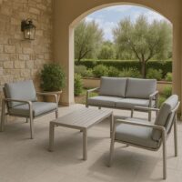 Salotto da Giardino 4 Pezzi, Struttura in Alluminio e Polywood Sabbia, Cuscini Grigio Scuro, Set Moderno con 2 Poltrone Divano e Tavolino, Resistente alle Intemperie - immagine 9