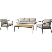 Salotto da Giardino 4 Pezzi in Alluminio e Polywood, Divano 3 Posti, 2 Poltrone, Tavolino 122x65 cm, Cuscini Grigio, Stile Moderno per Terrazzo e Balcone