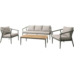 Set lounge 4 pezzi con struttura in alluminio antracite, inserti in Polywood effetto legno e cuscini grigio per terrazzo.