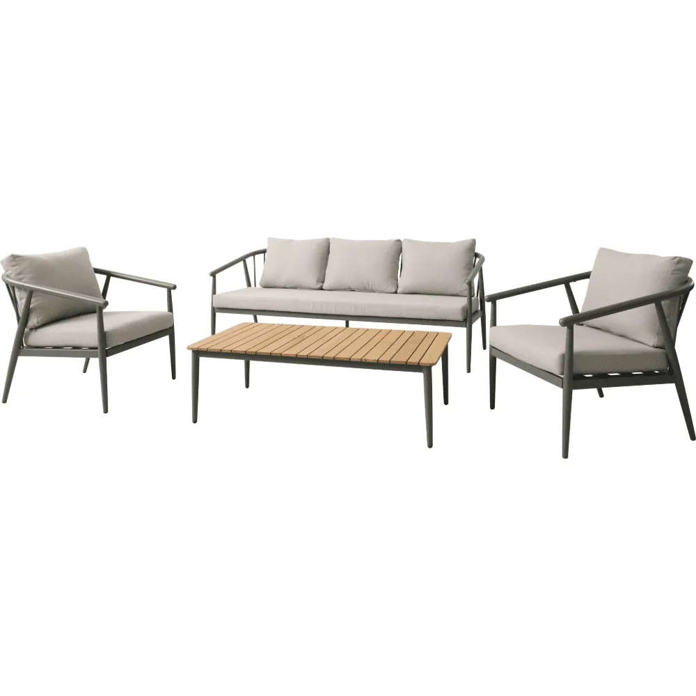 21113-jpg.webp Salotto da Giardino 4 Pezzi in Alluminio e Polywood, Divano 3 Posti, 2 Poltrone, Tavolino 122x65 cm, Cuscini Grigio, Stile Moderno per Terrazzo e Balcone - immagine 1