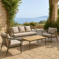 Salotto da Giardino 4 Pezzi in Alluminio e Polywood, Divano 3 Posti, 2 Poltrone, Tavolino 122x65 cm, Cuscini Grigio, Stile Moderno per Terrazzo e Balcone - immagine 2