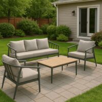 Salotto da Giardino 4 Pezzi in Alluminio e Polywood, Divano 3 Posti, 2 Poltrone, Tavolino 122x65 cm, Cuscini Grigio, Stile Moderno per Terrazzo e Balcone - immagine 3