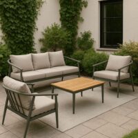 Salotto da Giardino 4 Pezzi in Alluminio e Polywood, Divano 3 Posti, 2 Poltrone, Tavolino 122x65 cm, Cuscini Grigio, Stile Moderno per Terrazzo e Balcone - immagine 4