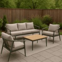 Salotto da Giardino 4 Pezzi in Alluminio e Polywood, Divano 3 Posti, 2 Poltrone, Tavolino 122x65 cm, Cuscini Grigio, Stile Moderno per Terrazzo e Balcone - immagine 5