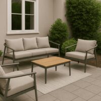 Salotto da Giardino 4 Pezzi in Alluminio e Polywood, Divano 3 Posti, 2 Poltrone, Tavolino 122x65 cm, Cuscini Grigio, Stile Moderno per Terrazzo e Balcone - immagine 6
