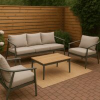 Salotto da Giardino 4 Pezzi in Alluminio e Polywood, Divano 3 Posti, 2 Poltrone, Tavolino 122x65 cm, Cuscini Grigio, Stile Moderno per Terrazzo e Balcone - immagine 7