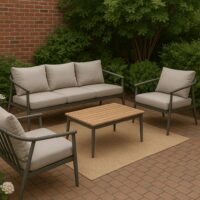 Salotto da Giardino 4 Pezzi in Alluminio e Polywood, Divano 3 Posti, 2 Poltrone, Tavolino 122x65 cm, Cuscini Grigio, Stile Moderno per Terrazzo e Balcone - immagine 8