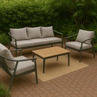 Salotto da Giardino 4 Pezzi in Alluminio e Polywood, Divano 3 Posti, 2 Poltrone, Tavolino 122x65 cm, Cuscini Grigio, Stile Moderno per Terrazzo e Balcone - immagine 9