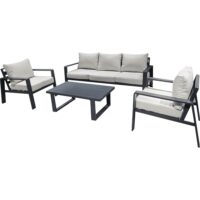 Salotto da Giardino 4 Pezzi in Alluminio e Ferro, Divano 3 Posti con 2 Poltrone e Tavolino 110x60 cm, Cuscini Grigio Scuro, Stile Moderno, Colore Sabbia