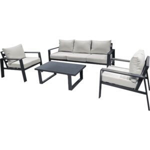 Elegante salotto da giardino 4 pezzi colore sabbia con cuscini grigio scuro, composto da divano 3 posti, due poltrone e tavolino rettangolare.