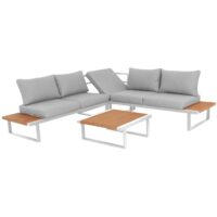 Set lounge angolare da giardino con struttura in alluminio bianco, dettagli in Polywood e cuscini grigio chiaro.
