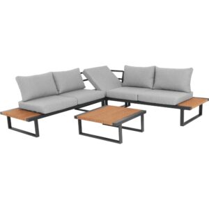 Set lounge angolare da giardino Hills con struttura in alluminio antracite, inserti in Polywood effetto legno e cuscini grigio chiaro.