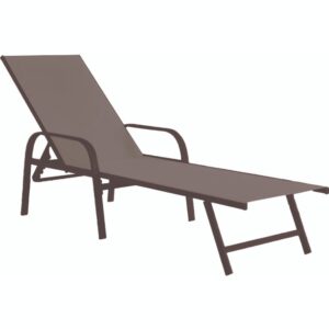 Lettino prendisole in ferro color taupe modello MAY, ideale per giardino o bordo piscina, con telo in textilene traspirante.