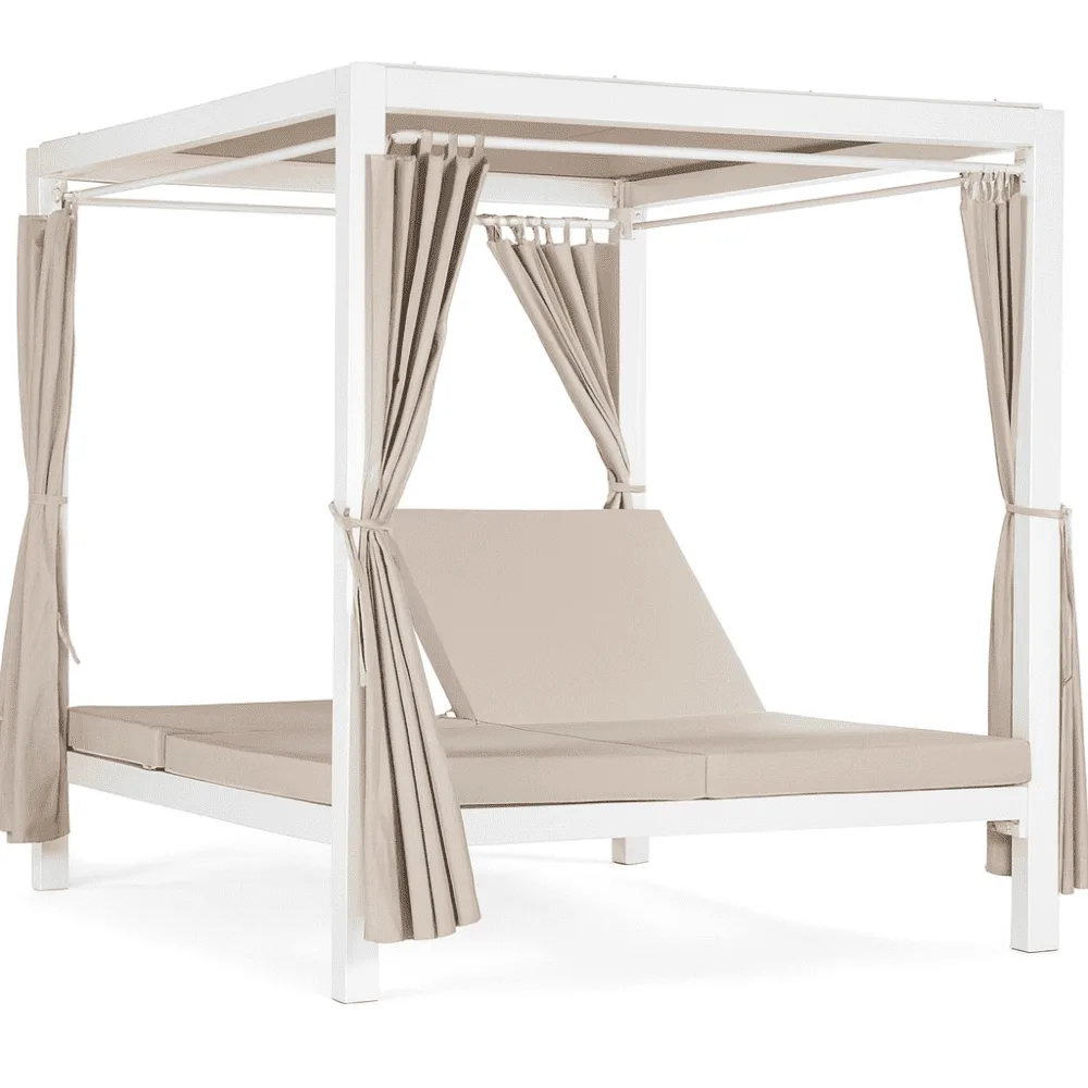 21136-jpg.webp Daybed con Gazebo da Giardino 200x160 cm in Alluminio Bianco – Letto Prendisole con Cuscini in Textilene Ecru, Tetto e Tende in Poliestere, Ideale per Terrazzo, Patio e Piscina - immagine 1